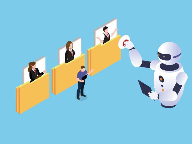 AI Powered HR AI-powered robot selecting candidates from digital folders, representing automation in HR recruitment.