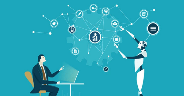 AI Powered HR AI-powered robot assisting a business professional with data-driven HR analytics and decision-making.