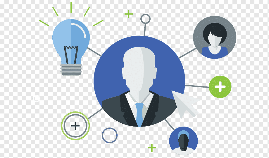 Cloud-Based HRMS Abstract illustration of Human Resource Management with a business professional, connected employees, and a lightbulb symbolizing ideas.