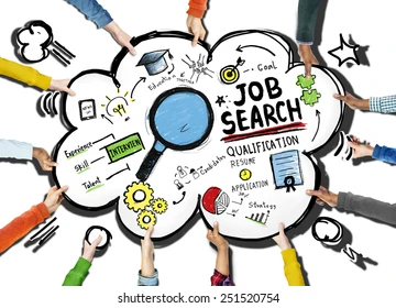Job search tips Job search concepts with a magnifying glass, resume, and interview icons.