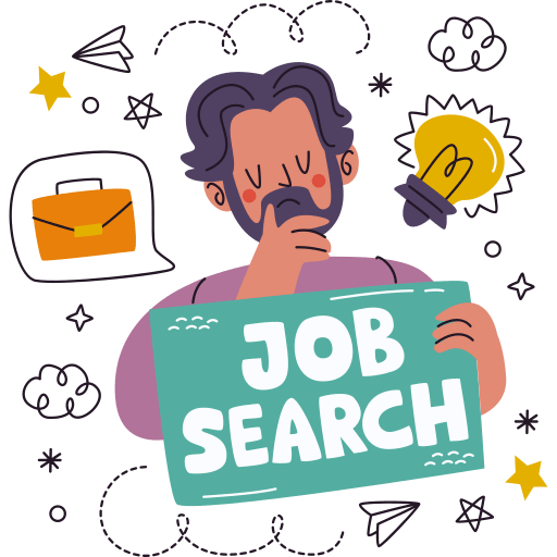 Job search tips Illustration of a thoughtful man holding a "Job Search" sign with career-related icons around him.