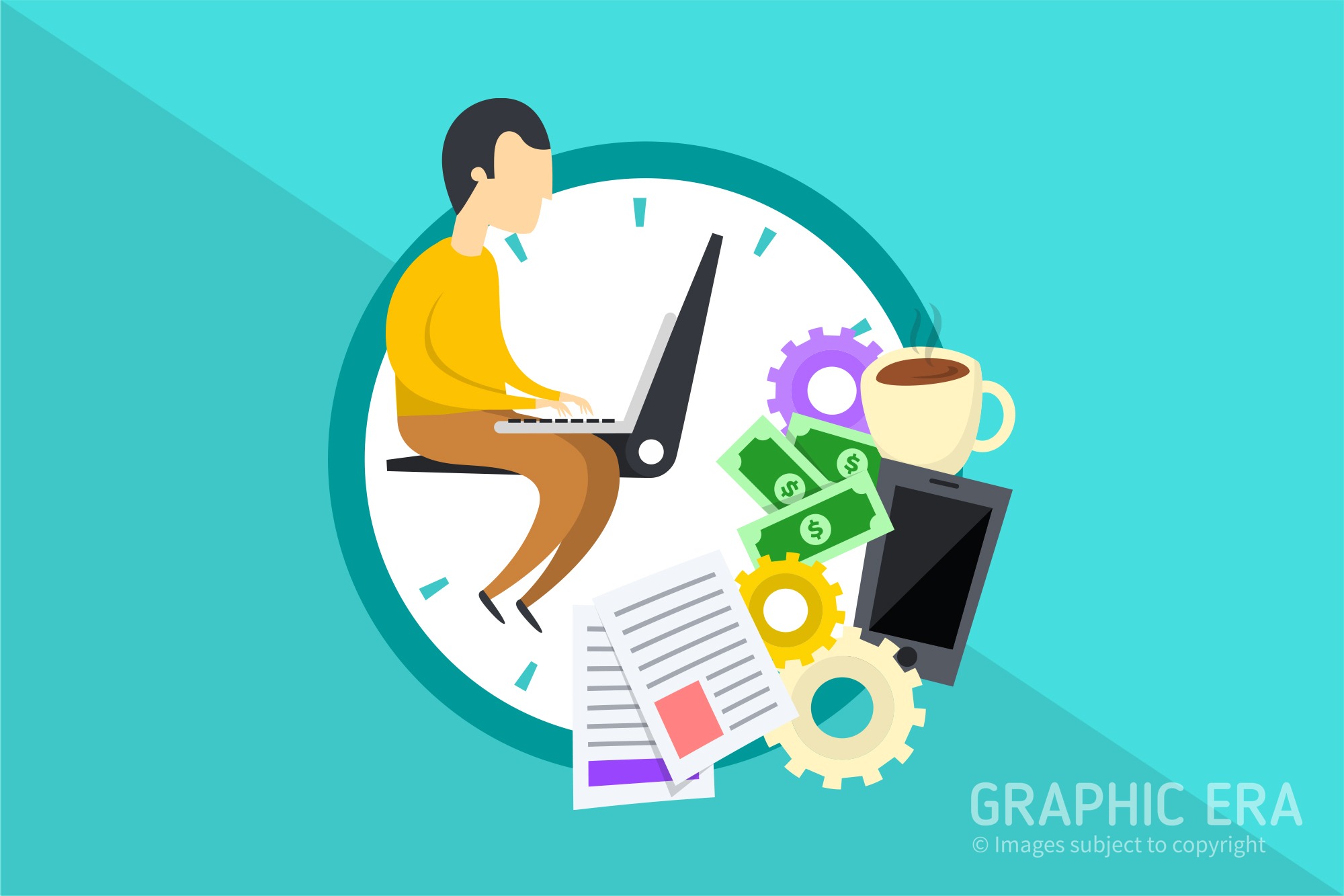 PT3 A vector illustration of a person working on a laptop while sitting on a clock, symbolizing time management in part-time jobs. Surrounding elements include money, coffee, documents, a smartphone, and gears, representing productivity, earnings, and work-life balance.