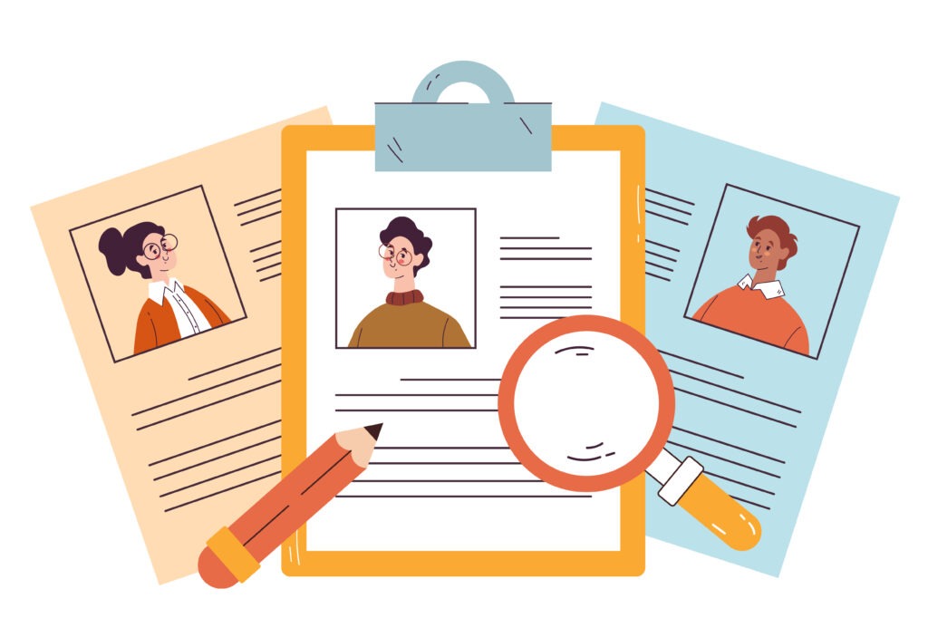 Free Online Resume Builders An illustration of three résumés with profile pictures, a clipboard, a pencil, and a magnifying glass, symbolizing job applications and candidate selection.