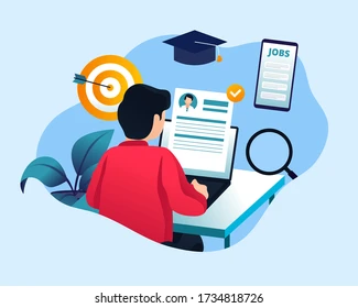 Free Online Resume Builders An illustration of a person sitting at a desk, reviewing a résumé on a laptop, with job search icons like a graduation cap, a target, a magnifying glass, and a mobile phone displaying "JOBS" in the background.
