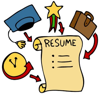 CV Writing Format A hand-drawn illustration of a résumé scroll surrounded by icons representing education (graduation cap), achievements (star ribbon), work experience (briefcase), and time management (clock), with arrows pointing towards the résumé.