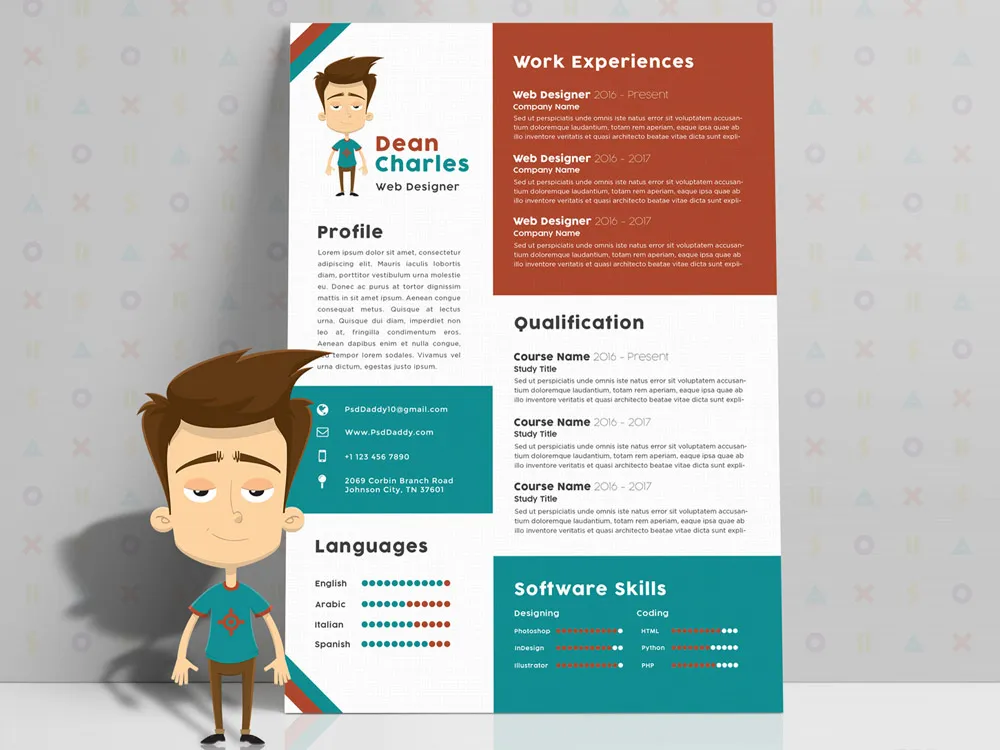 FREE RESUME TEMPLATES A creative and modern resume template featuring a cartoon avatar of a web designer named Dean Charles, with sections for profile, work experience, qualifications, languages, and software skills.