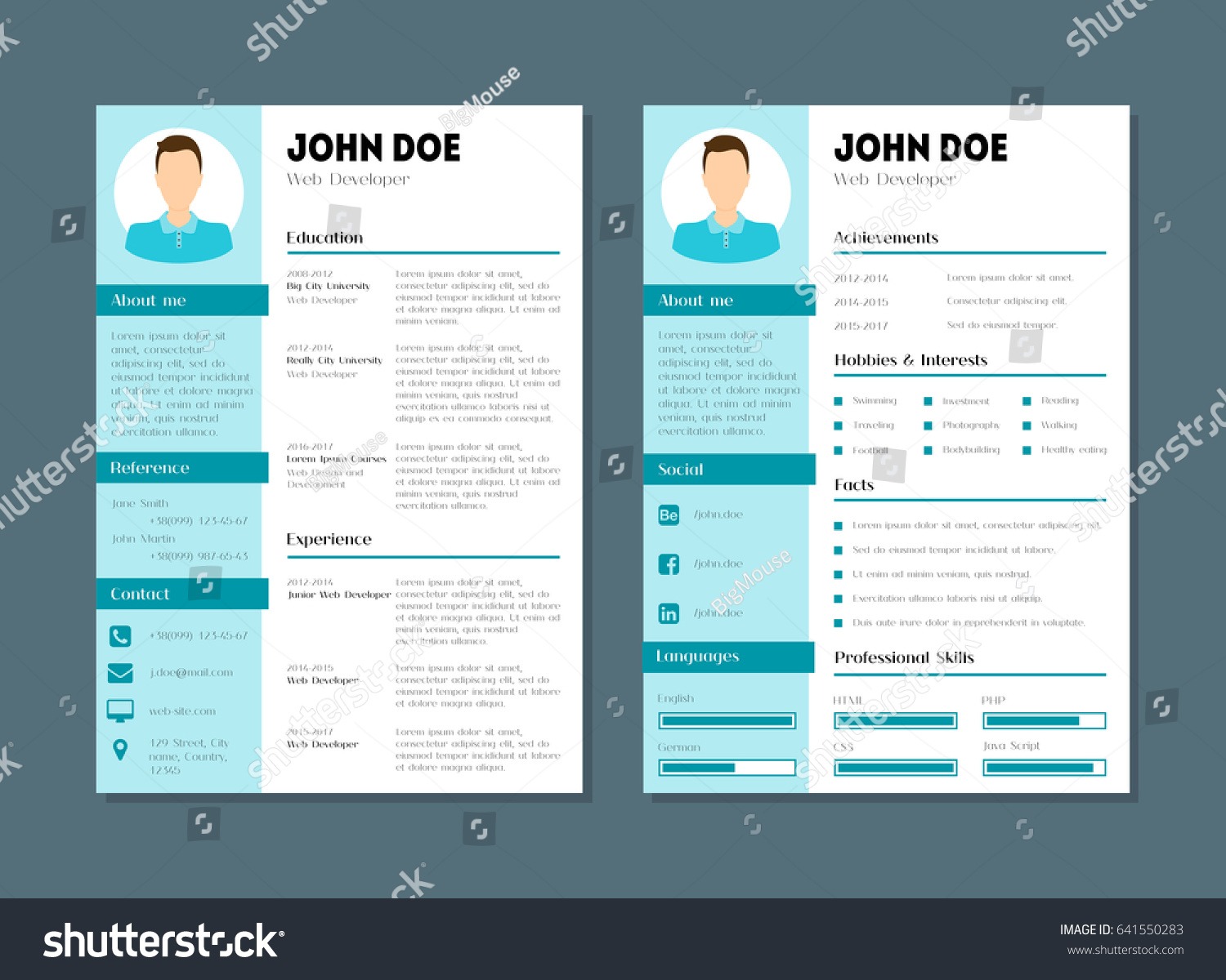 FREE RESUME TEMPLATES A professional, modern two-page resume template for a web developer named John Doe, featuring sections for education, experience, skills, and interests.