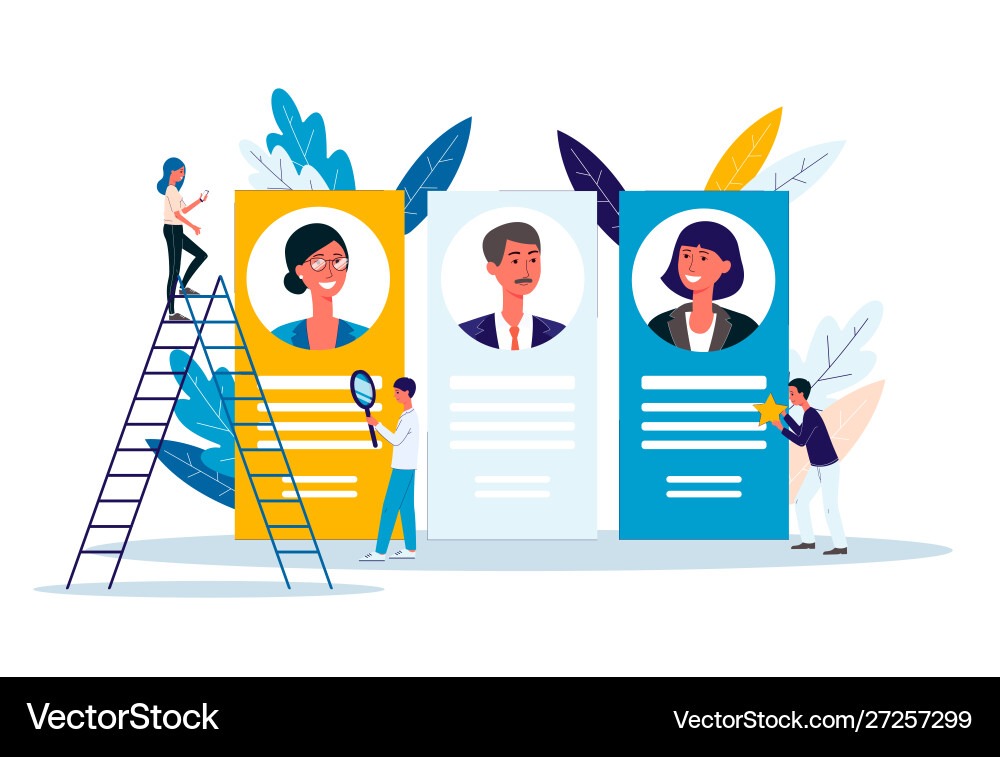 TALENT ACQUISITION STRATEGIES An illustration of recruiters evaluating and selecting candidates from resumes using ladders, magnifying glasses, and rating stars.
