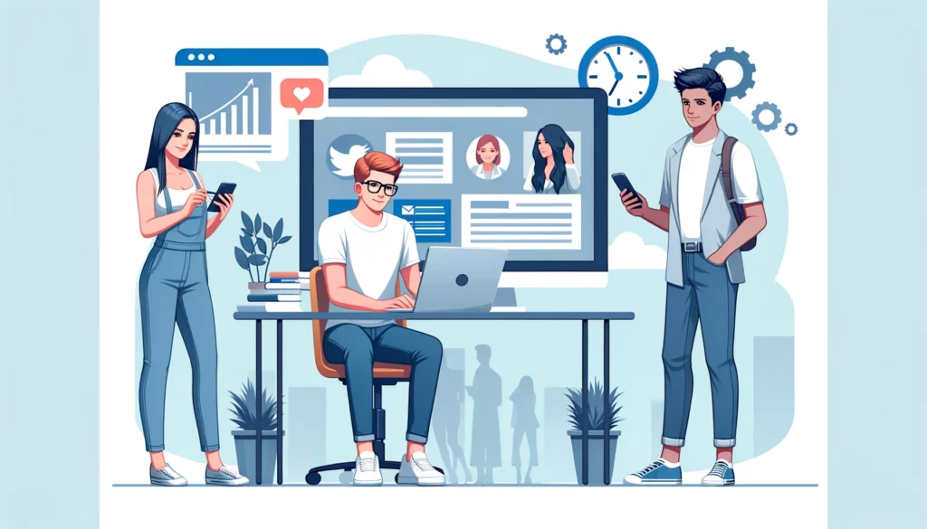 Cloud-Based HRMS Three young professionals working on social media marketing and analytics in a modern office setting.