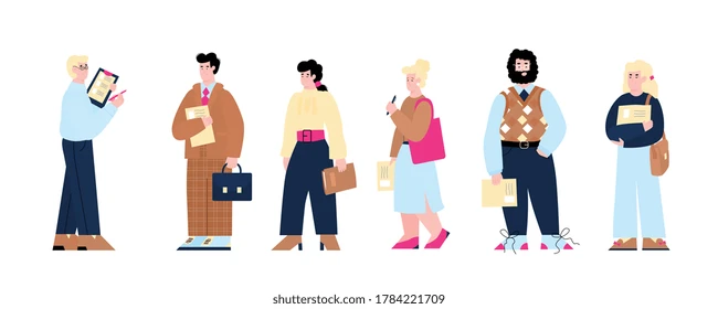 A diverse group of job candidates standing in line for an interview, holding resumes and documents.