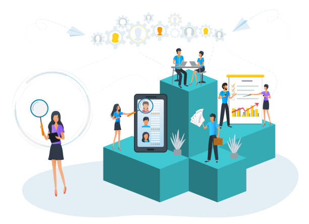 Concept illustration of talent acquisition with recruiters analyzing resumes, conducting interviews, and using digital hiring tools.