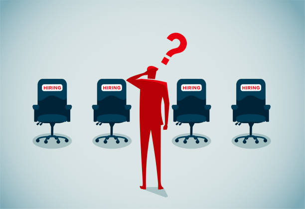 commercial illustrator Person confused in front of multiple hiring chairs with question mark.