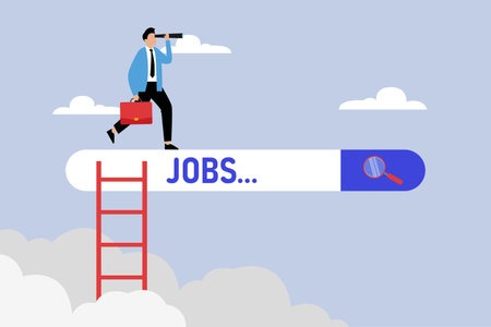 Jobs near me Illustration of a businessman climbing a ladder and searching for jobs using a telescope.