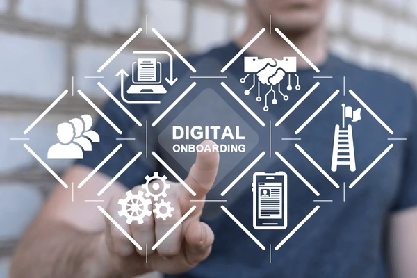 Digital Onboarding Digital onboarding icons on a virtual screen.