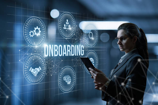 Digital Onboarding Businesswoman using tablet with digital onboarding interface.