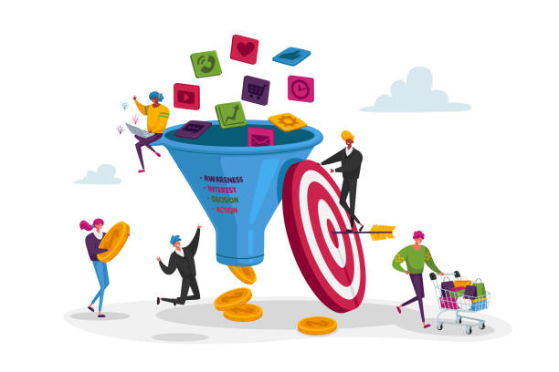 H1 Marketing funnel with icons flowing in and coins coming out, symbolizing conversions.