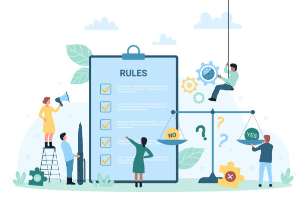 People reviewing rules and regulations with checklist and balance scale.