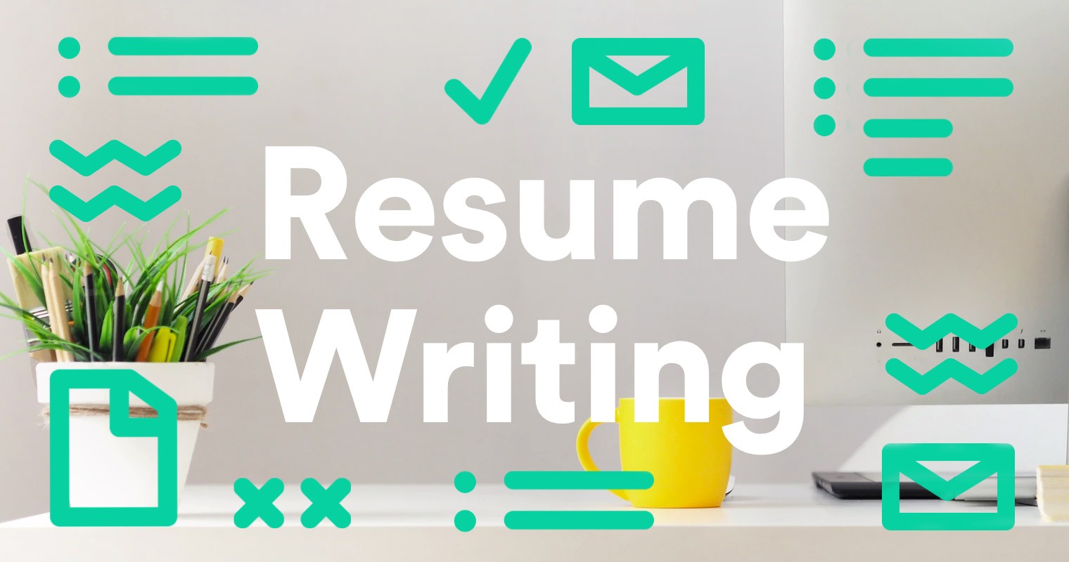RR-Resume writing A modern workspace with a plant, pencils, a yellow coffee mug, and a computer, overlaid with the bold text 'Resume Writing' and green graphic icons.