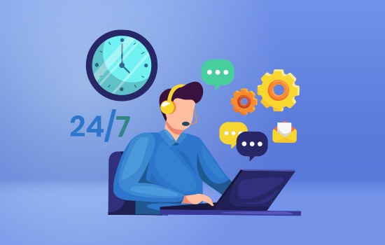 Self-Service Portals A 24/7 customer support agent with a headset working on a laptop, surrounded by chat and settings icons.