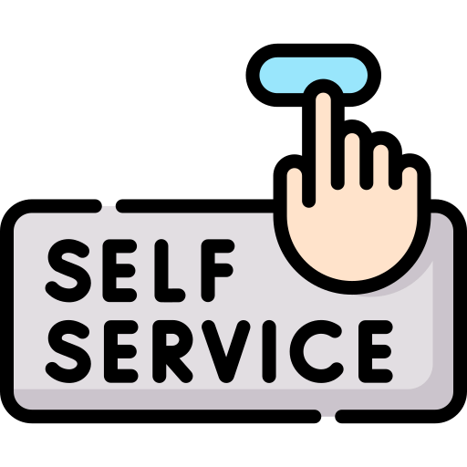 Self-Service Portals A self-service icon with a hand clicking a button, representing automated assistance.
