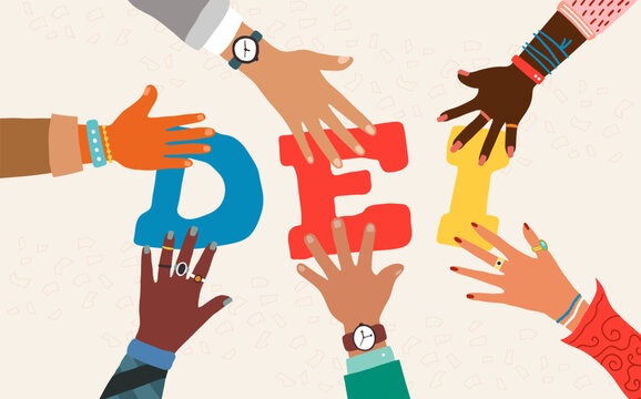 dei3 Illustration of diverse hands holding colorful letters D, E, and I.
