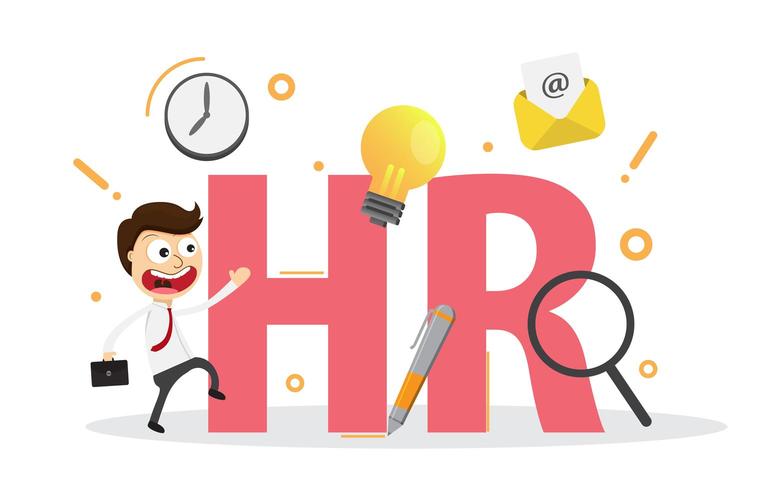 Cartoon-style HR concept with icons like lightbulb and magnifying glass