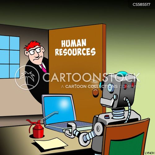Human resources Cartoon robot working in a Human Resources office while a man peeks in.
