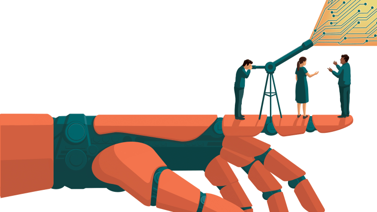 Pic 1 Businesspeople standing on a robotic hand exploring data through a telescope.