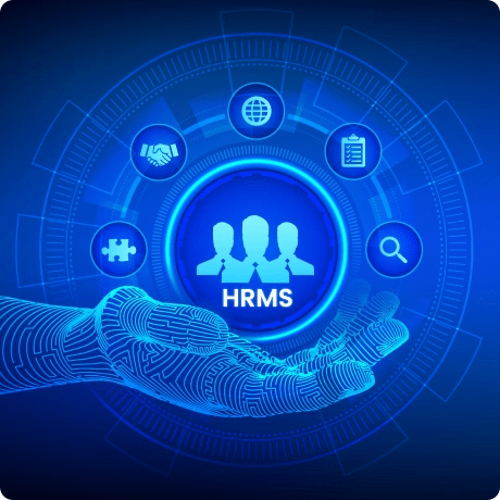 Digital hand holding HRMS icon with human figures and technology interface