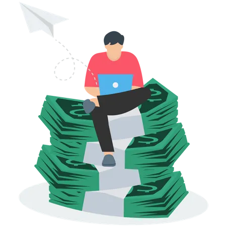 high salary job Man working on laptop sitting on bundles of cash