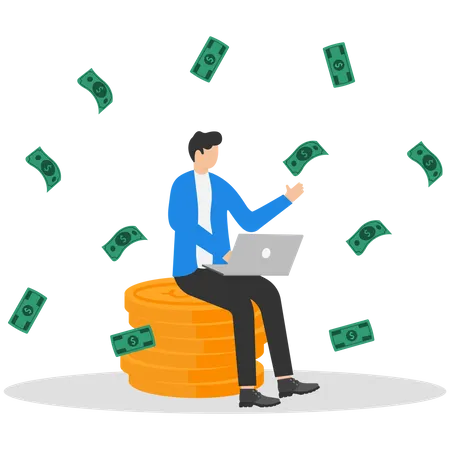 high salary job Professional with laptop surrounded by floating money