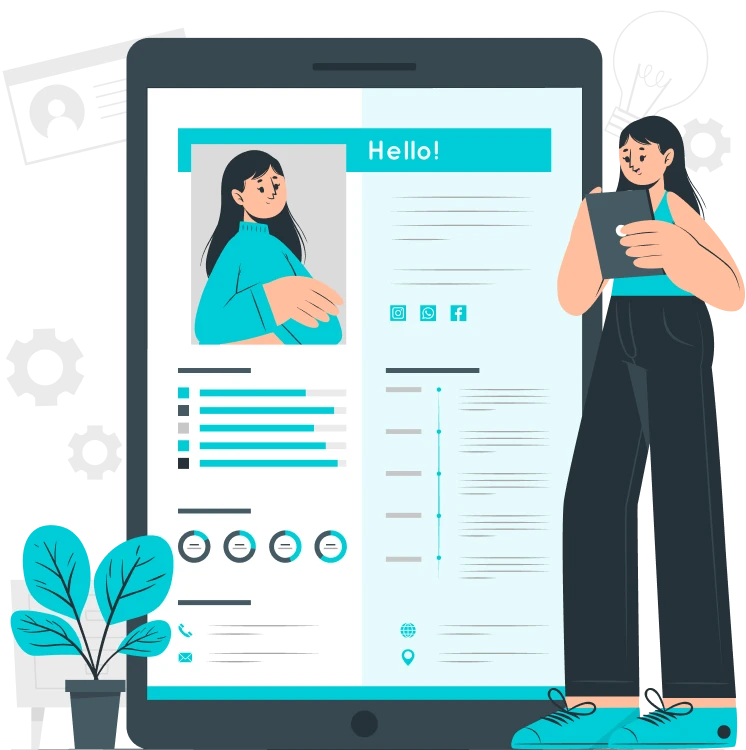 resume online maker free Digital resume template displayed on a tablet with a woman creating her CV