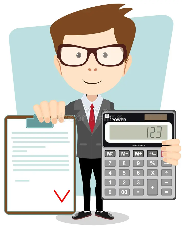 accountant jobs Cartoon accountant holding a calculator and checklist