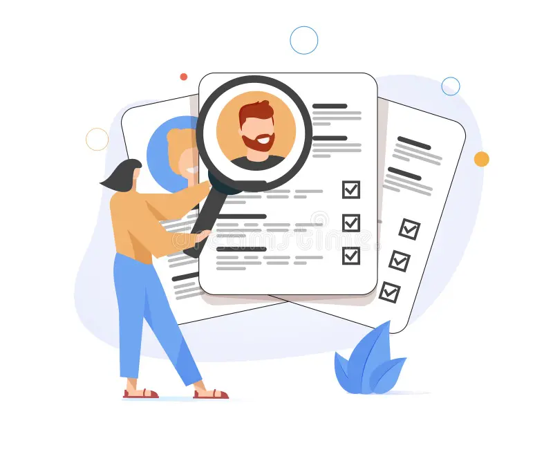 application job letter Recruiter analysing resumes with a magnifying glass