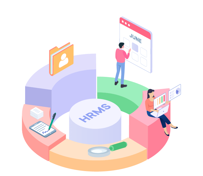 Isometric illustration of HRMS with team scheduling, employee analytics, and digital records