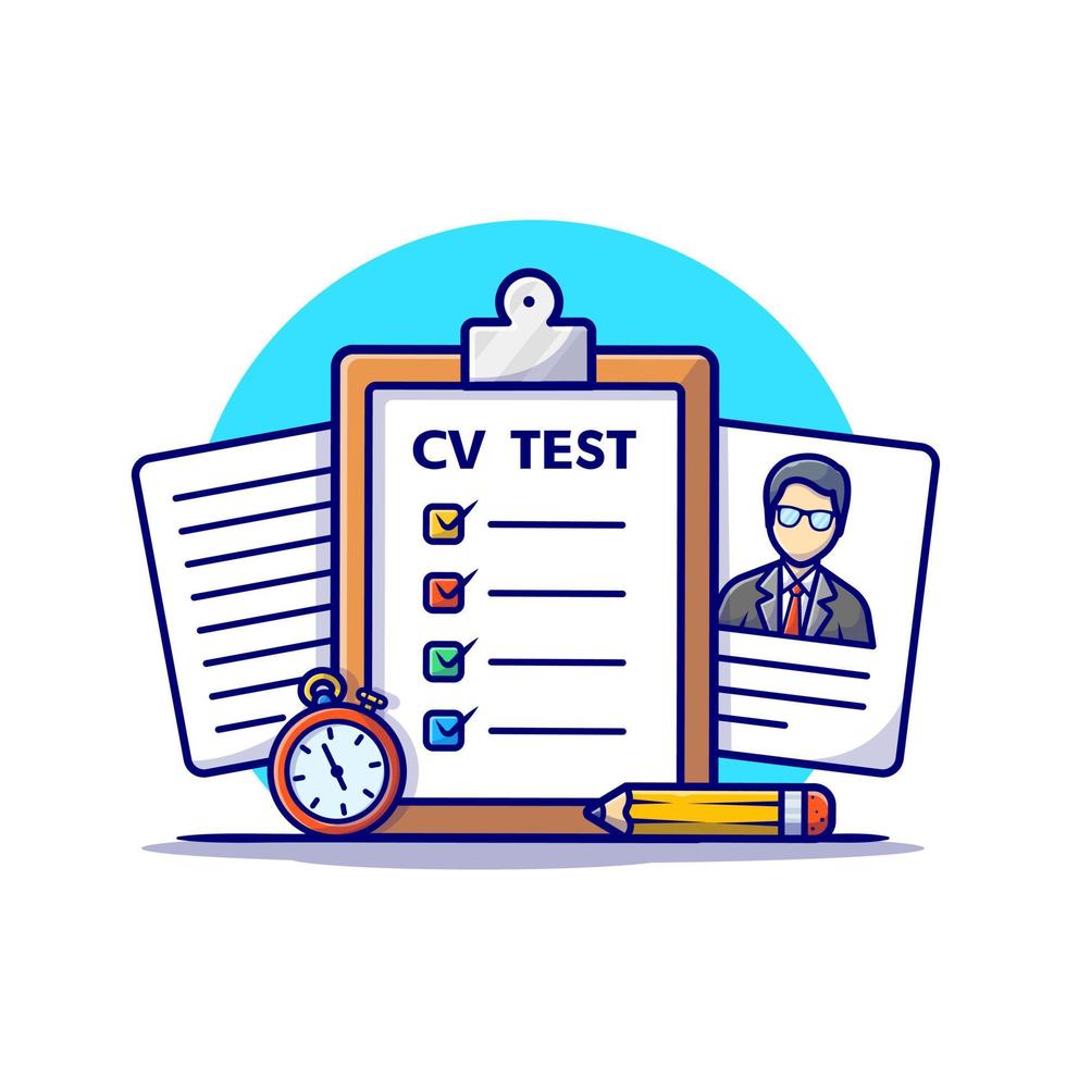 Cartoon clipboard with CV test checklist, stopwatch, pencil, and job applicant document illustration