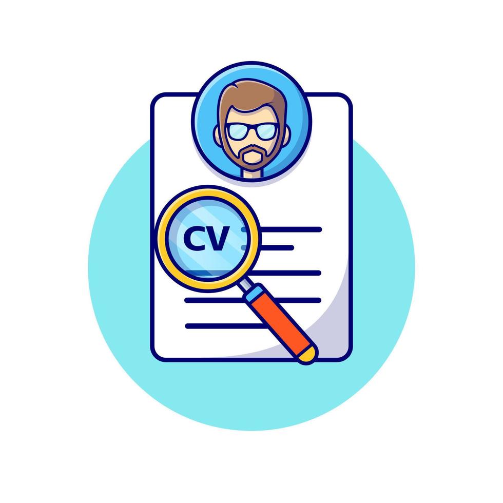  Cartoon-style CV document under magnifying glass with candidate avatar and blue background