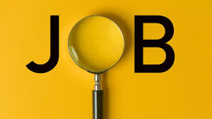 jobs Word JOB with magnifying glass focusing on the letter O on a yellow background