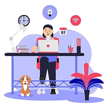 freelance jobs Smiling freelancer with a laptop, dog by the side, and creative icons around