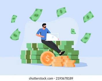 high paying jobs in india Man sitting on cash stack with laptop and money falling