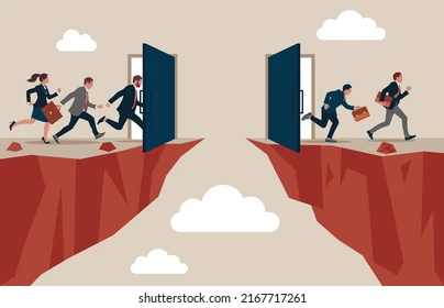 hr portal Employees running through a door toward a new opportunity across a cliff
