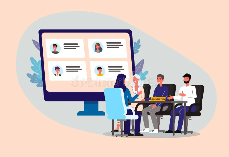 hr HR interview panel reviewing digital resumes on screen
