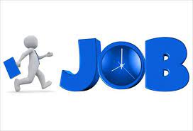 jobs 3D figure running with briefcase towards the word JOB with a clock inside the letter O