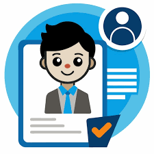 Simple cartoon icon of a smiling job applicant with a tick mark on resume document
