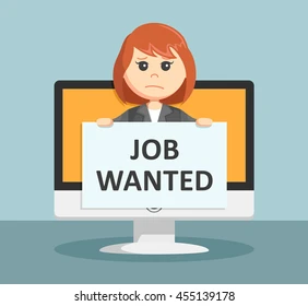 job hunting website Cartoon woman holding a 'Job Wanted' sign on a screen.