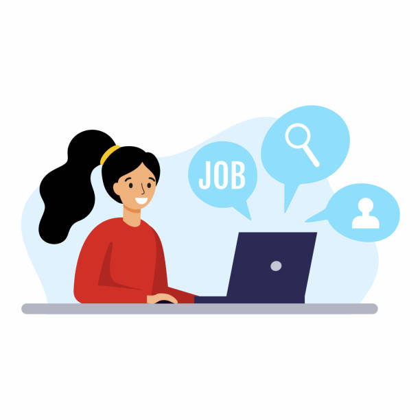 job search websites Cartoon-style laptop with job search tools and graduation cap