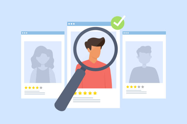Flat illustration of candidates being reviewed, with magnifying glass highlighting selected profile