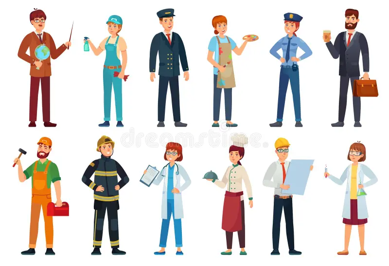 IT jobs Various professionals from IT jobs and different career fields including teacher, doctor, engineer, and police officer.