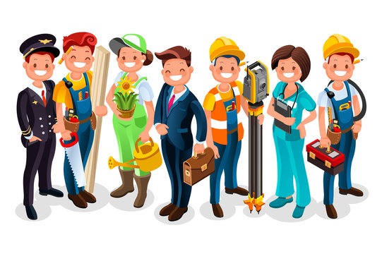 IT jobs Group of happy professionals from IT jobs and different industries standing together, smiling.