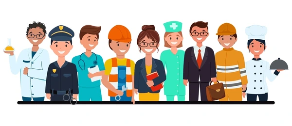 IT jobs Group of working professionals in uniforms representing different IT job roles including healthcare, engineering, and business.